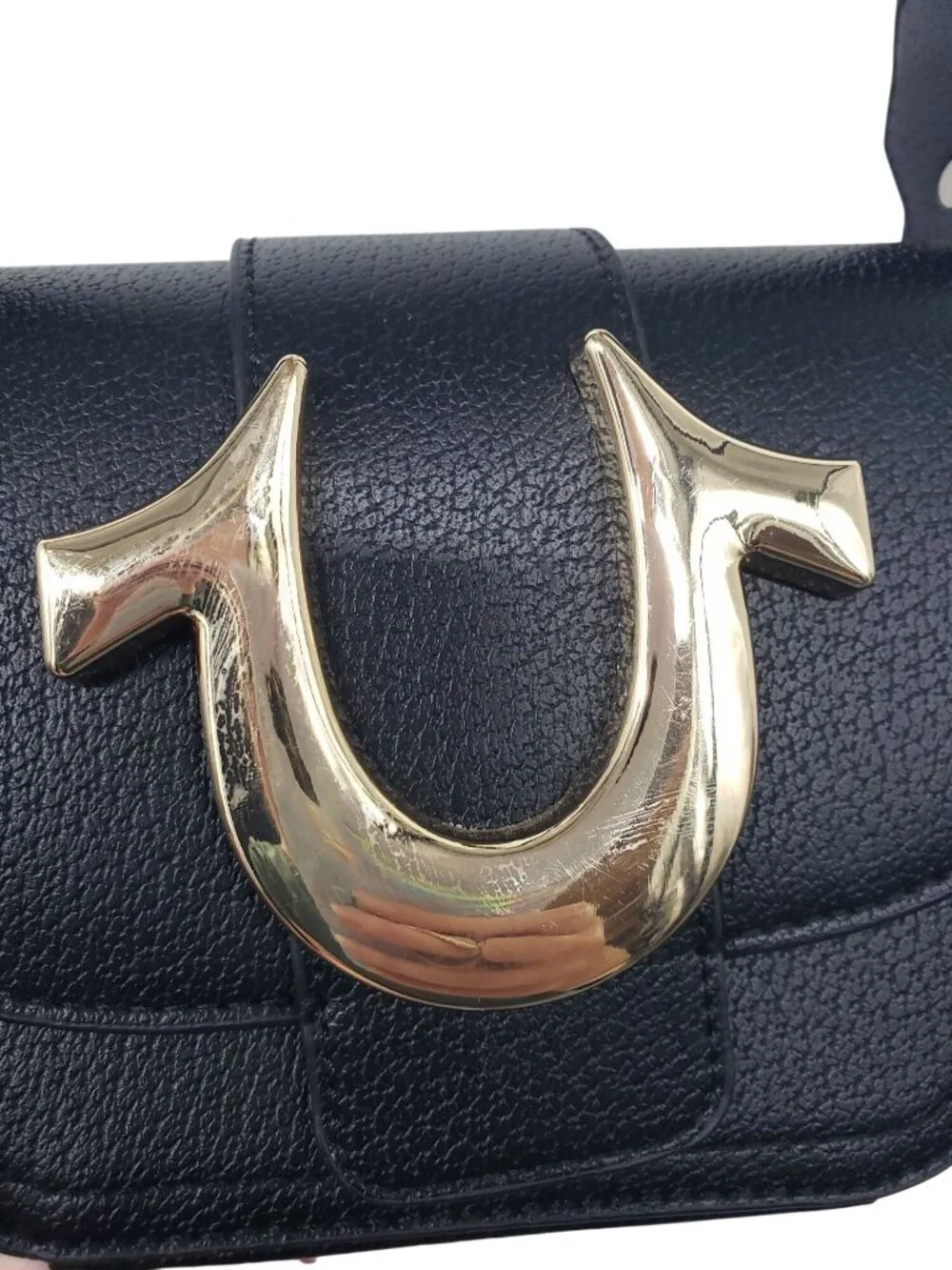 True Religion Crossbody Bag Purse Black Gold Horse Shoe